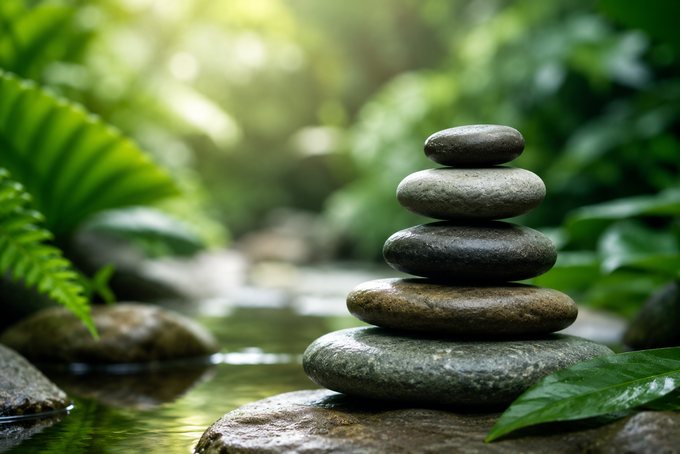 Balanced stone cairn beside a forest stream