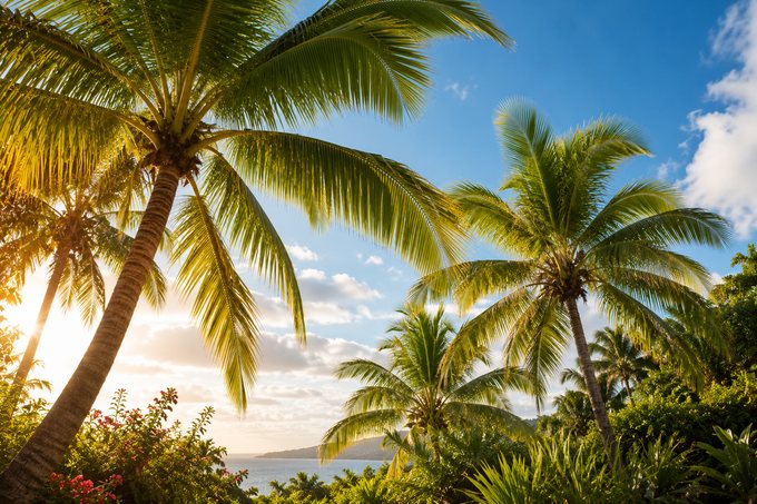 Palm trees over the ocean at golden hour