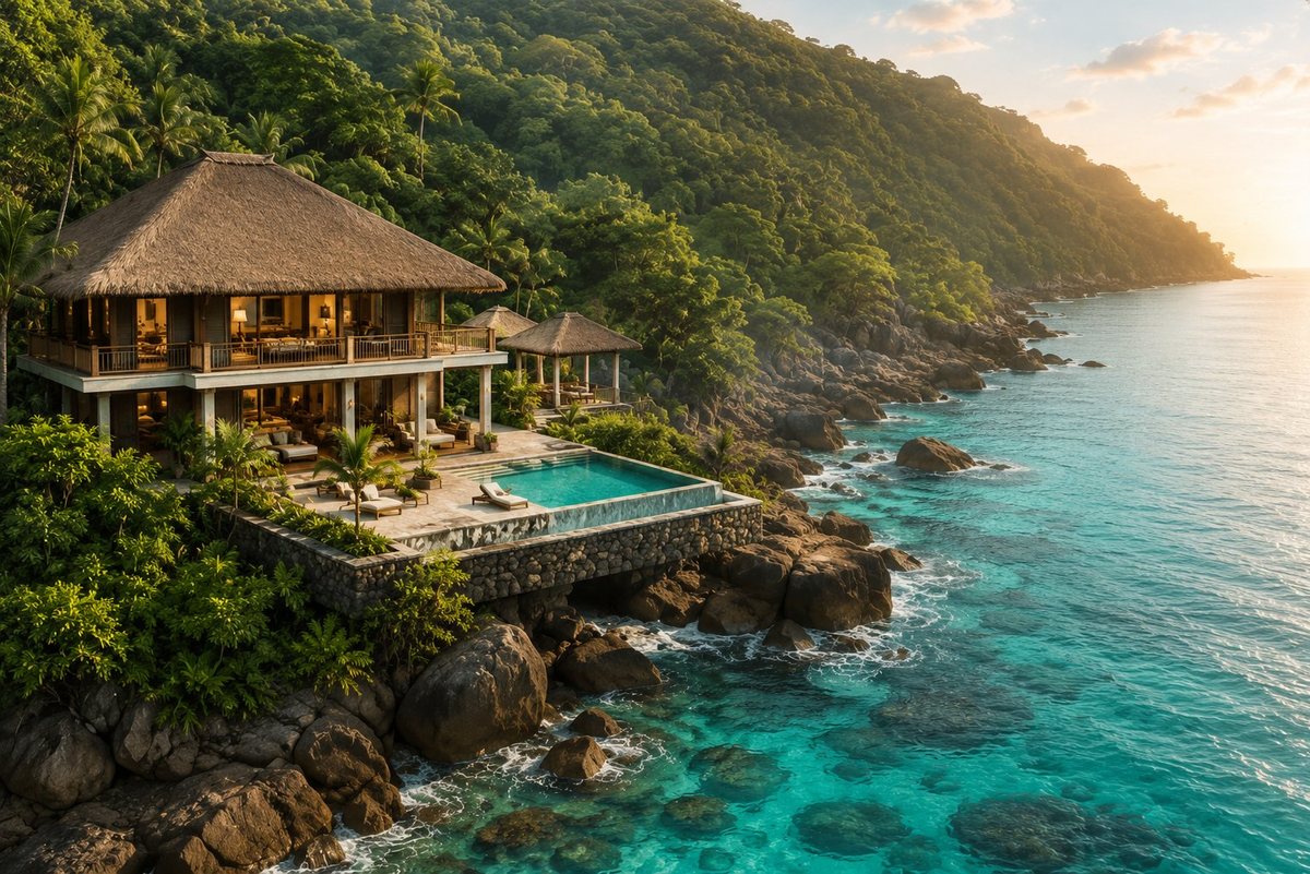 Thatched-roof villa on a tropical coastline at golden hour