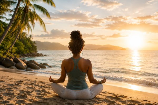Woman meditating on the beach at sunrise